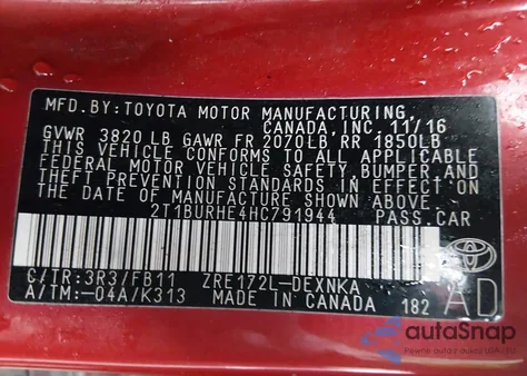 2017 Toyota Corolla Le from USA, damaged, VIN 2T1BURHE4HC791944